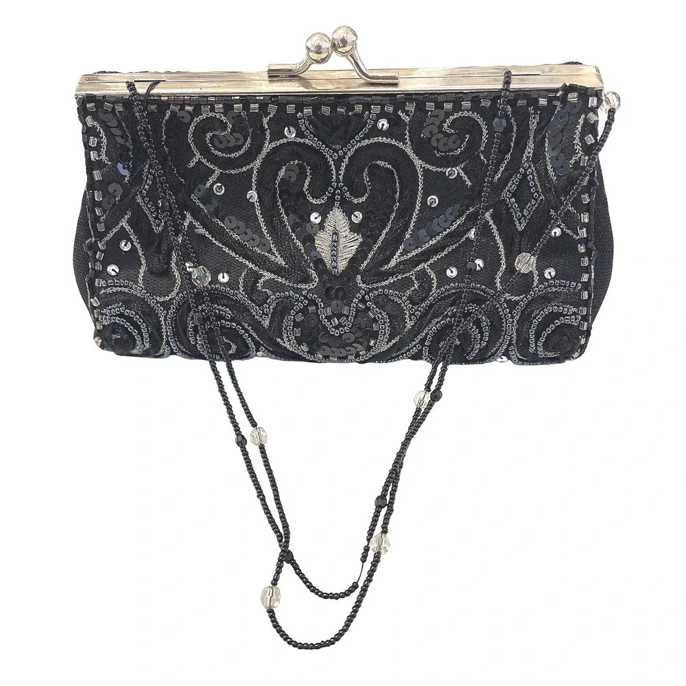 Valerie Stevens Black Beaded Sequin Clutch Evening Handbag Kiss Lock Chain Strap